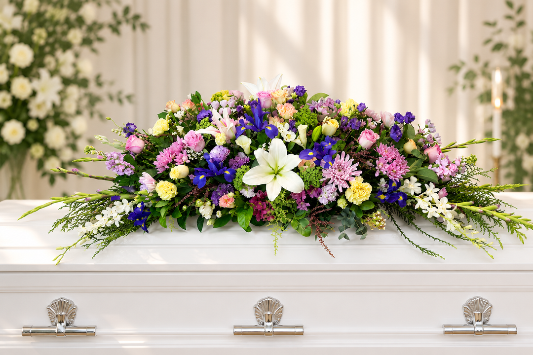 Funeral casket spray flower arrangement in Melbourne