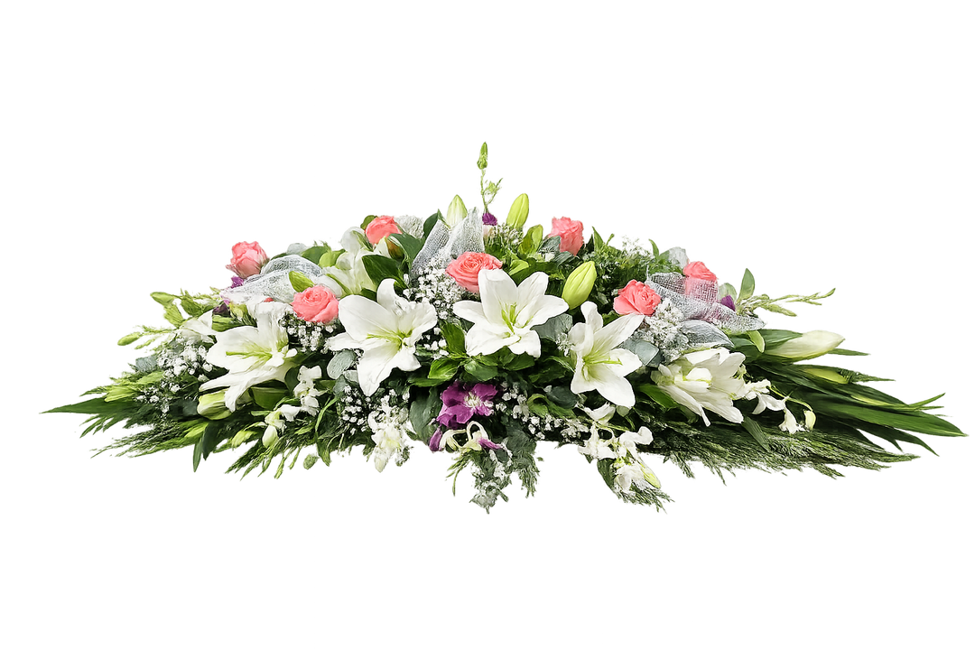 White lily and pink rose casket spray for funeral flowers delivery in Melbourne