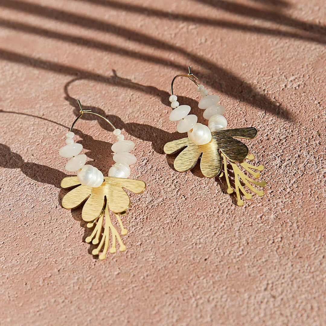 White Flower Brass Hoops