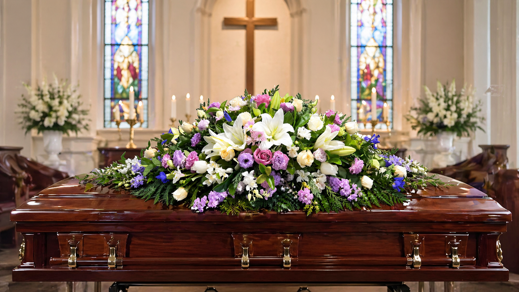 purple  blue and white casket spray in church