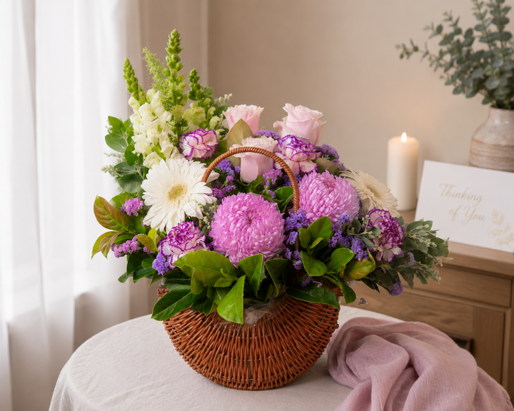 Floral arrangement in a woven basket on a table with a candle and decorative items in the background.