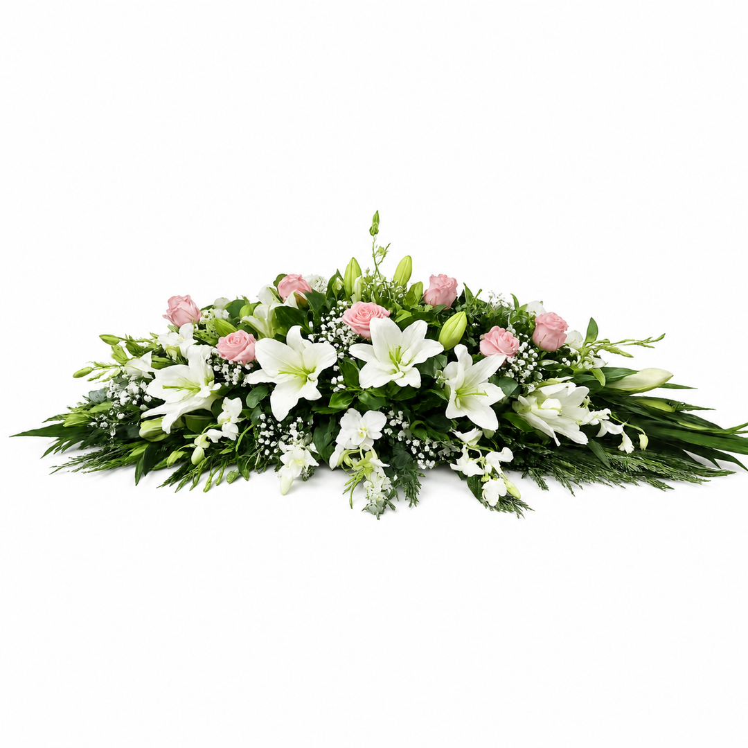 white lily with roses casket spray