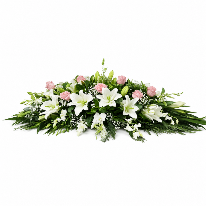 white lily with roses casket spray