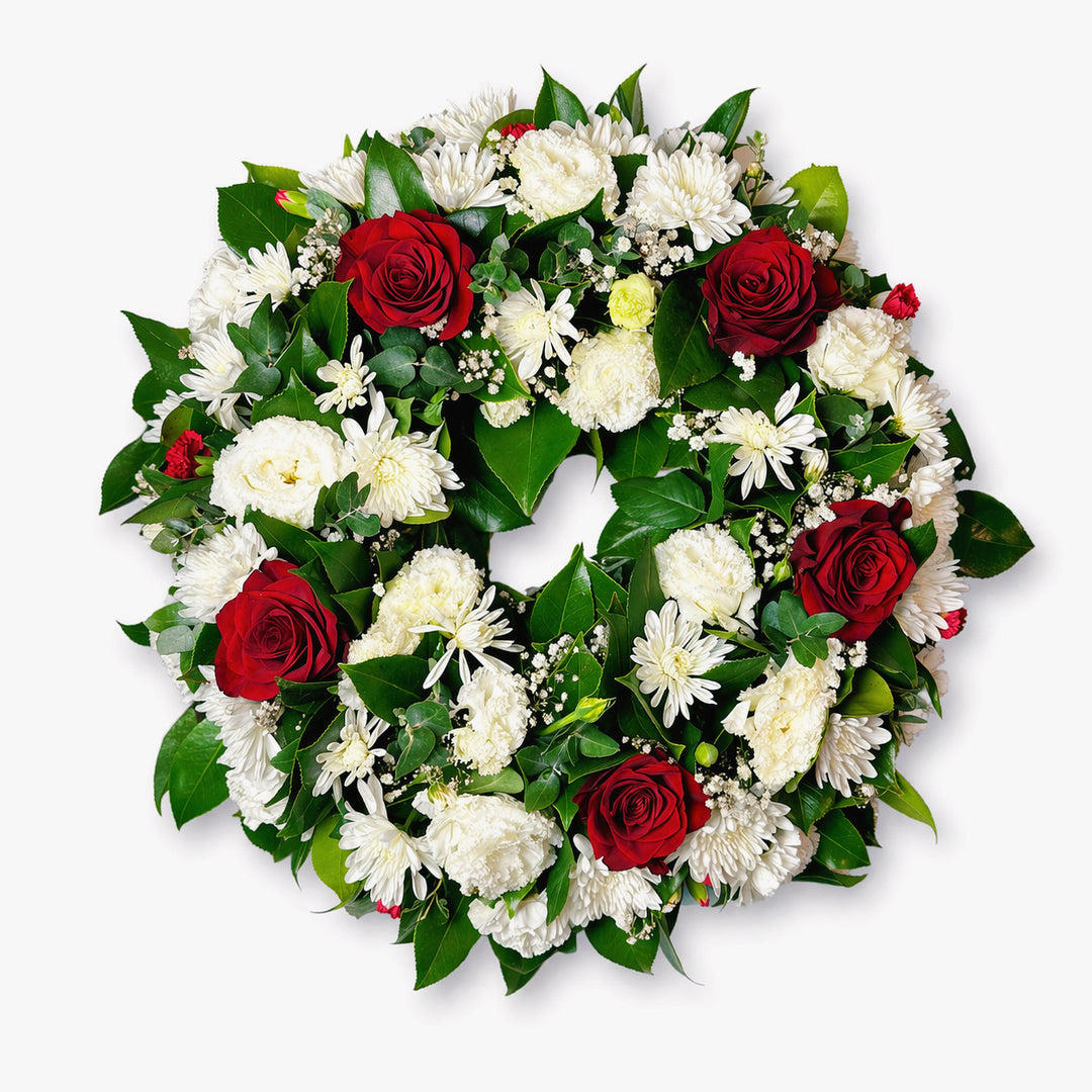 Forever in Bloom tribute wreath with red roses and white flowers, funeral flowers Melbourne
