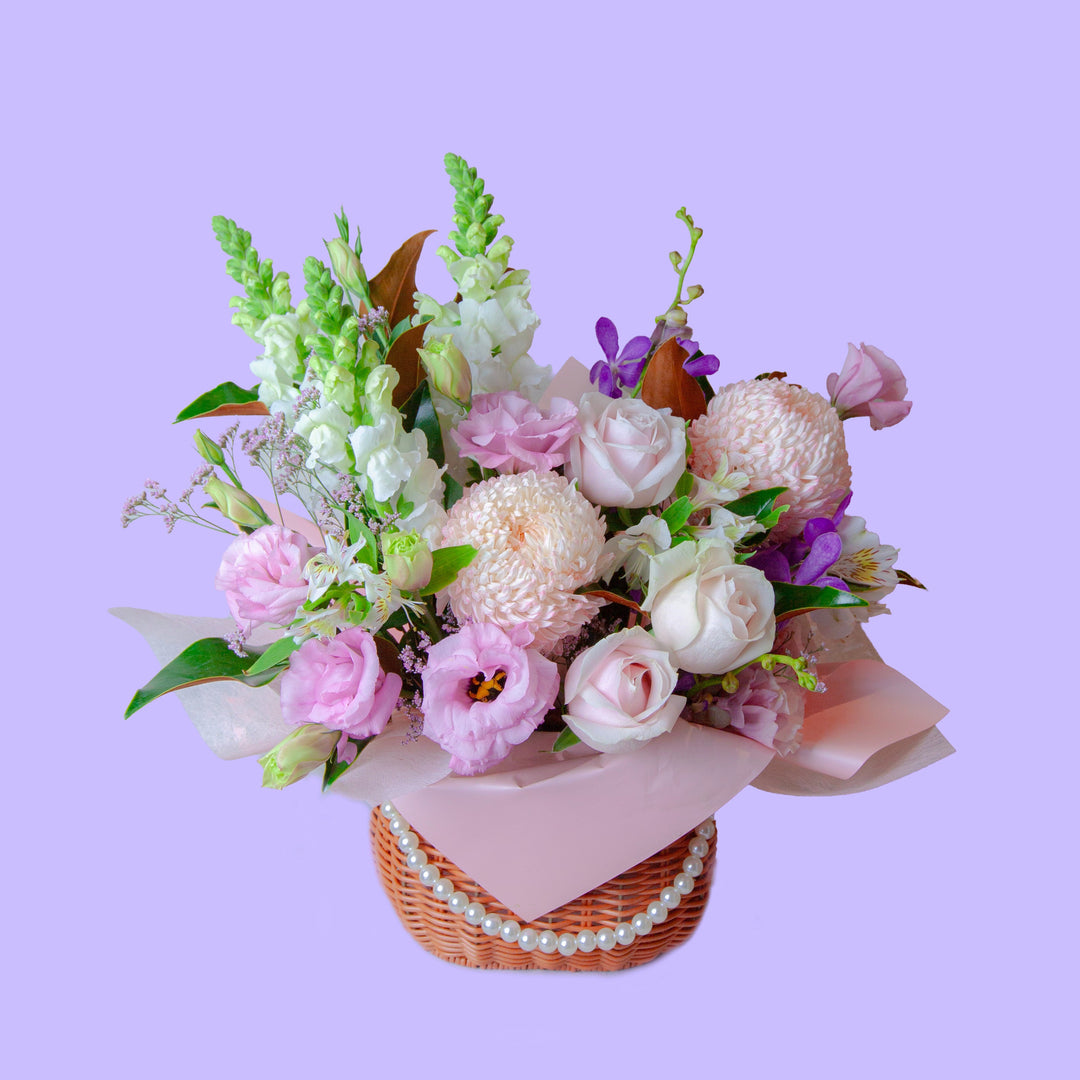 sweet pink flower basket with roses melbourne