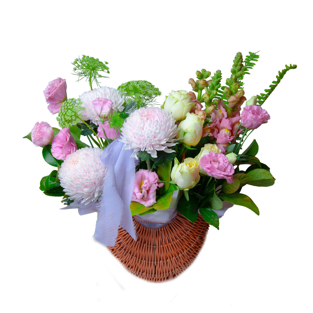 French Garden luxury flower gift featuring pink disbud chrysanthemums, roses, lisianthus and seasonal flowers by The Flori Shoppe Melbourne.