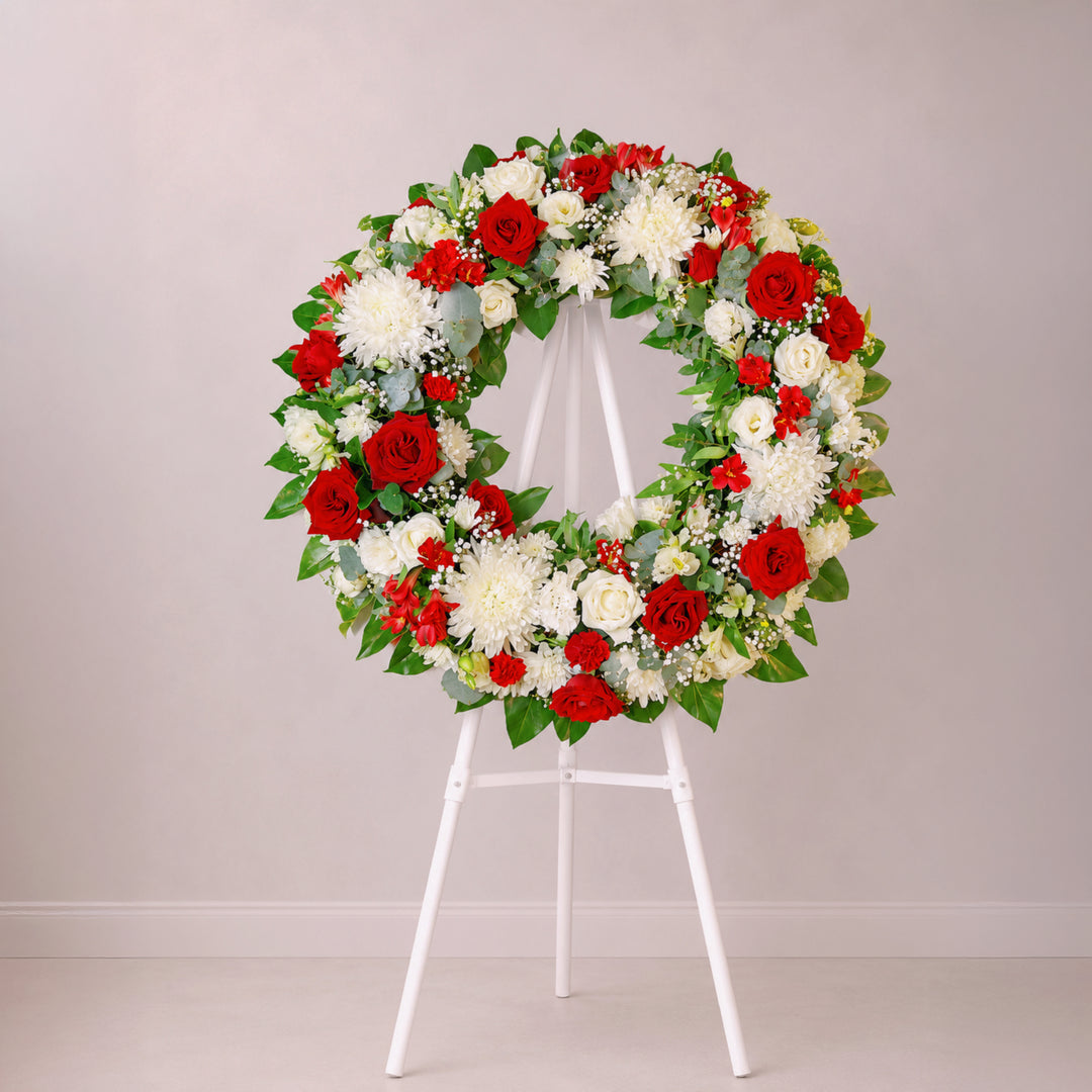 Ruby Remembrance | Red Rose & Spider Disbud Funeral Wreath Melbourne