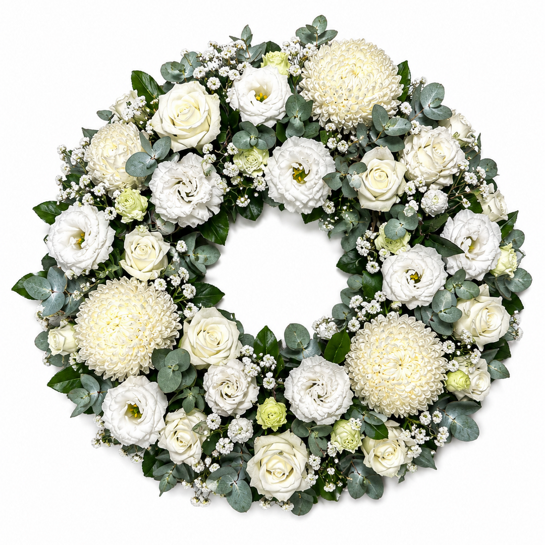 Floral wreath with white and green flowers on a white background