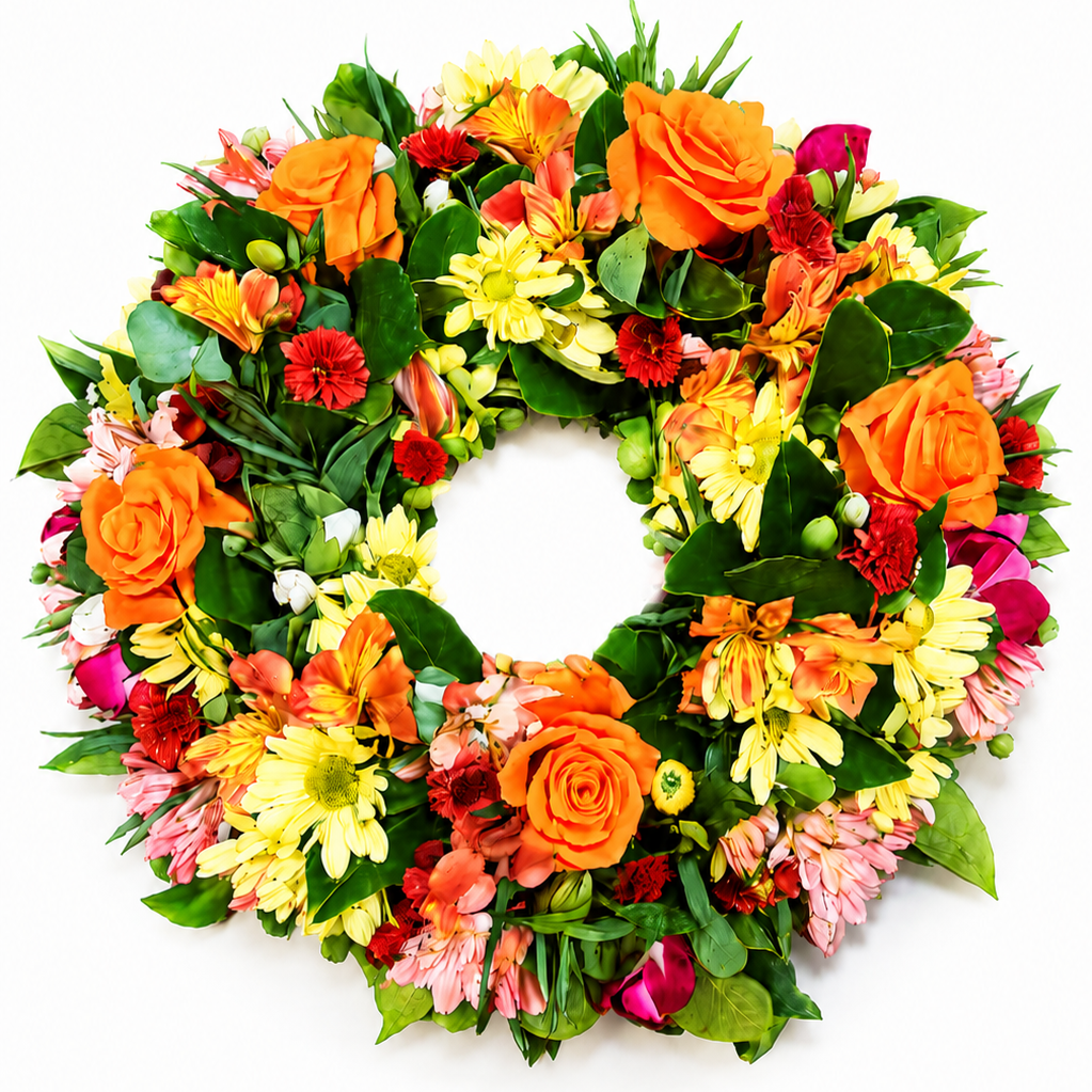 Golden Remembrance Wreath featuring golden roses, cream chrysanthemums and seasonal flowers arranged in a circular funeral tribute design.