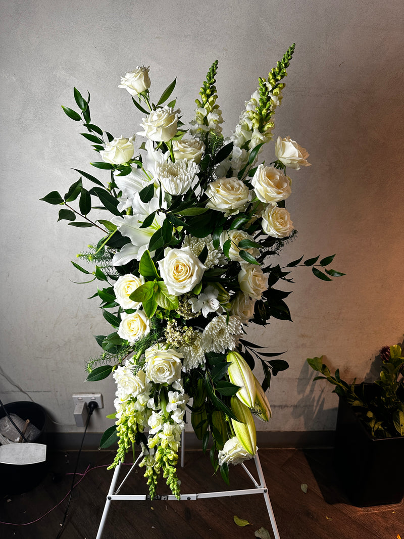 snap dragon white roses lily standing funeral spray melbourne same day delivery