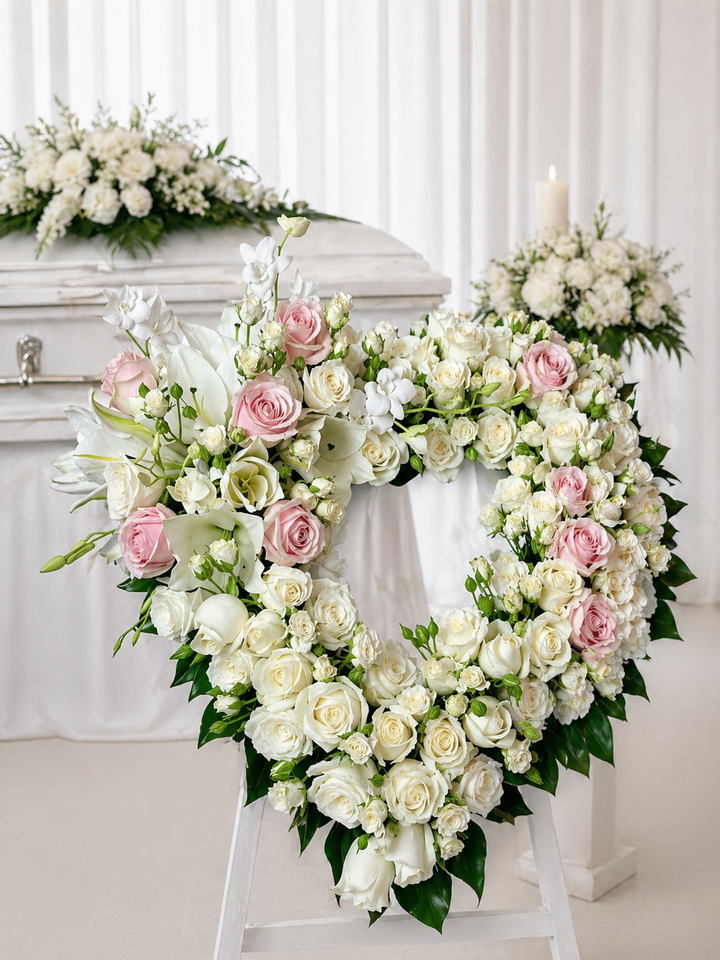 Floral wreath with pink and white flowers in front of a white casket.
