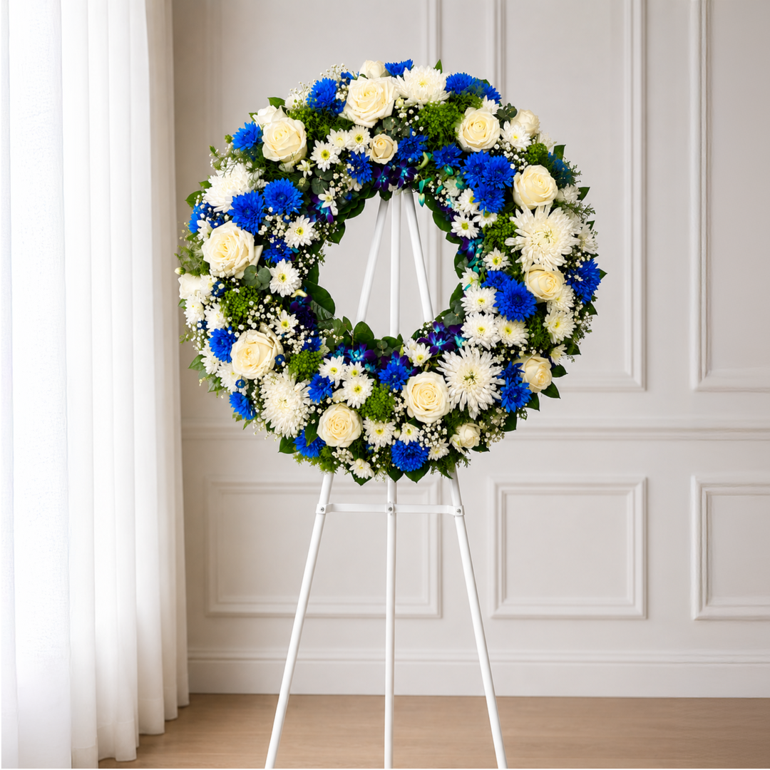 Cerulean Tribute blue and white funeral wreath with white roses, blue chrysanthemums, spider disbuds and Singapore orchids by The Flori Shoppe Melbourne.