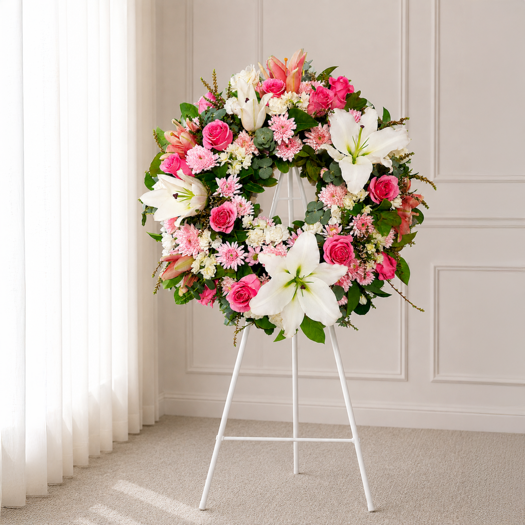 Belle Fleur modern pink floral tribute featuring pink roses, white lilies and seasonal flowers by The Flori Shoppe Melbourne.