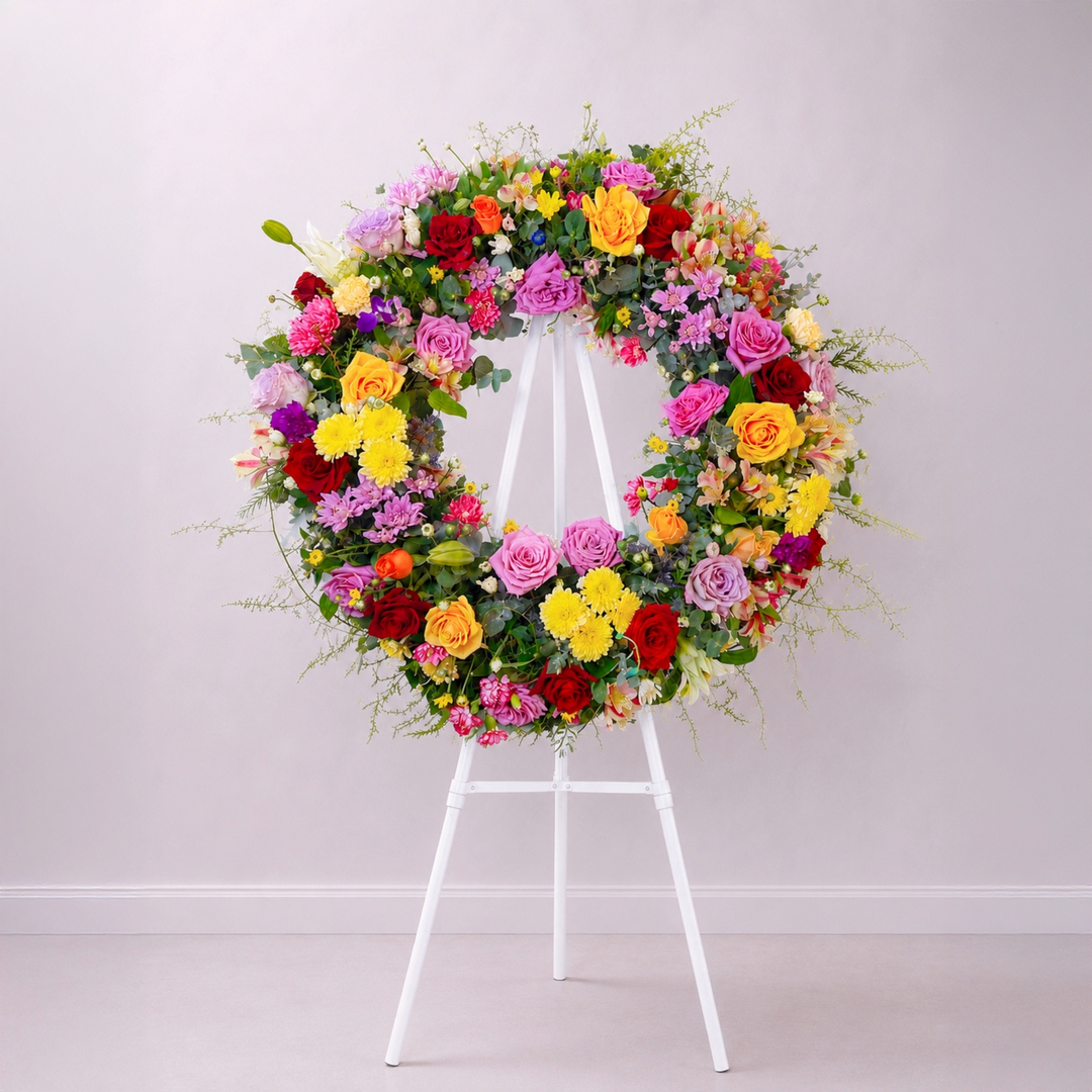 Circle of Remembrance premium rose funeral wreath featuring fresh seasonal roses, chrysanthemums and fine fern foliage by The Flori Shoppe Melbourne.