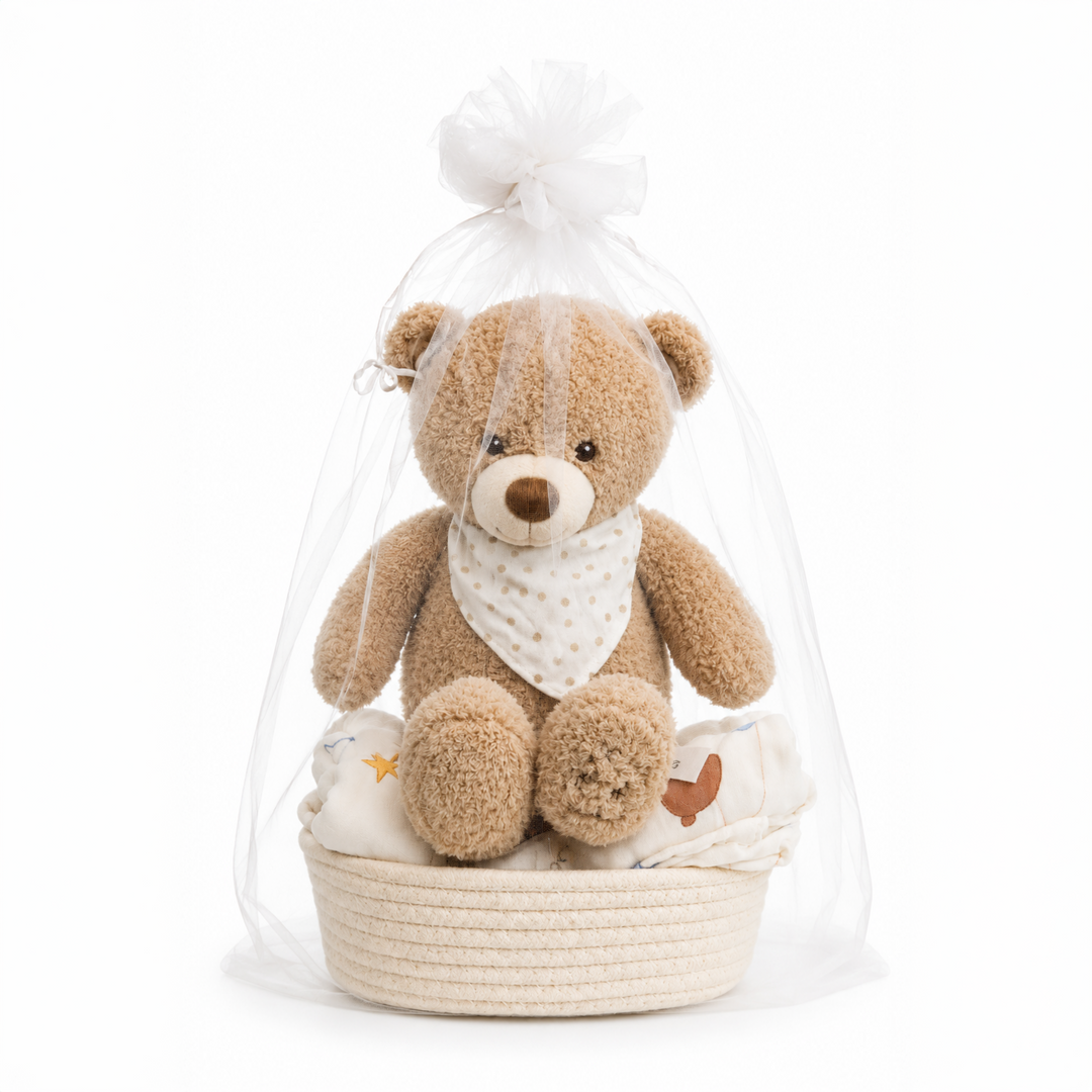 Bonjour Bébé Hamper featuring Manon Des Prés teddy bear and cotton muslin wrap