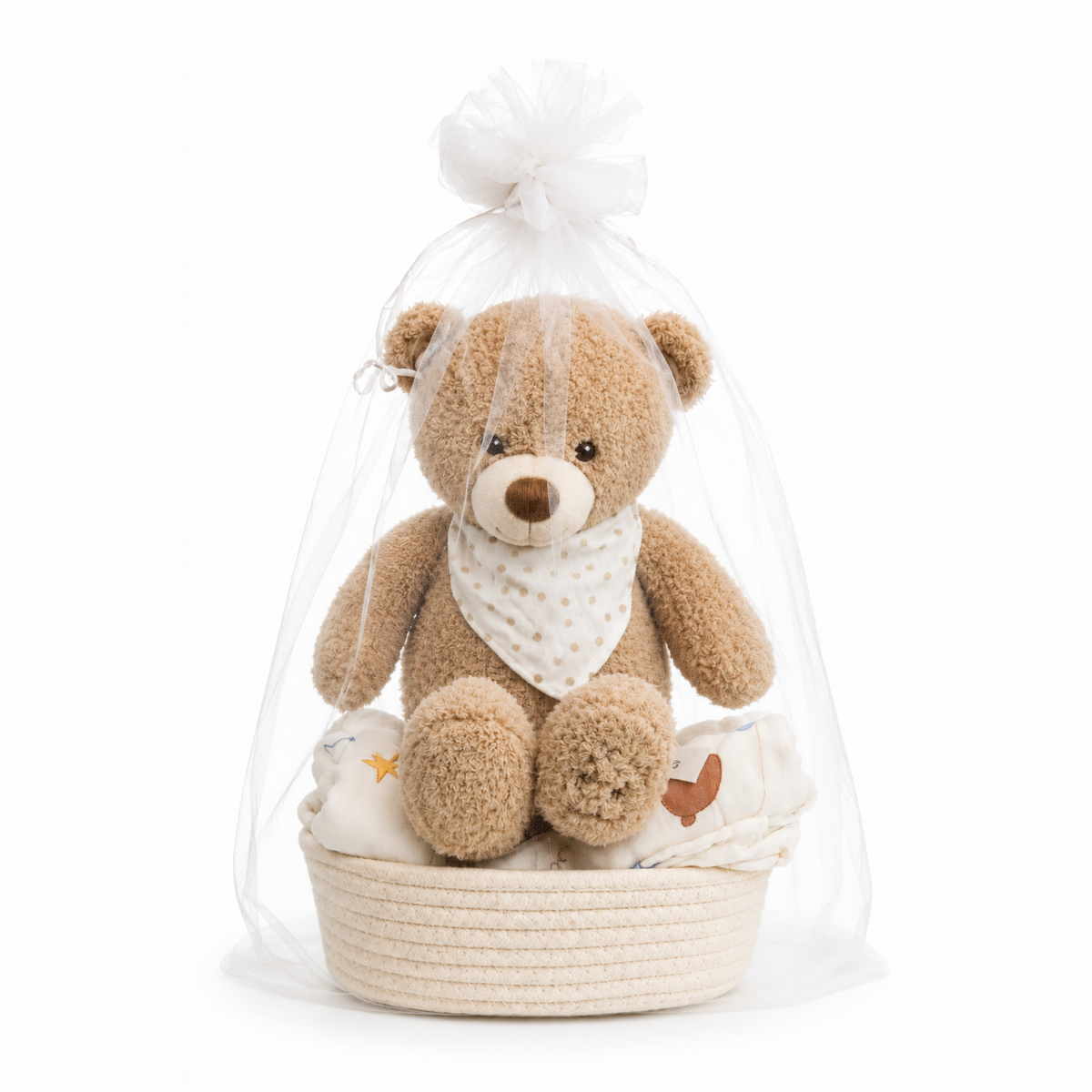 Bonjour Bébé Hamper featuring Manon Des Prés teddy bear and cotton muslin wrap