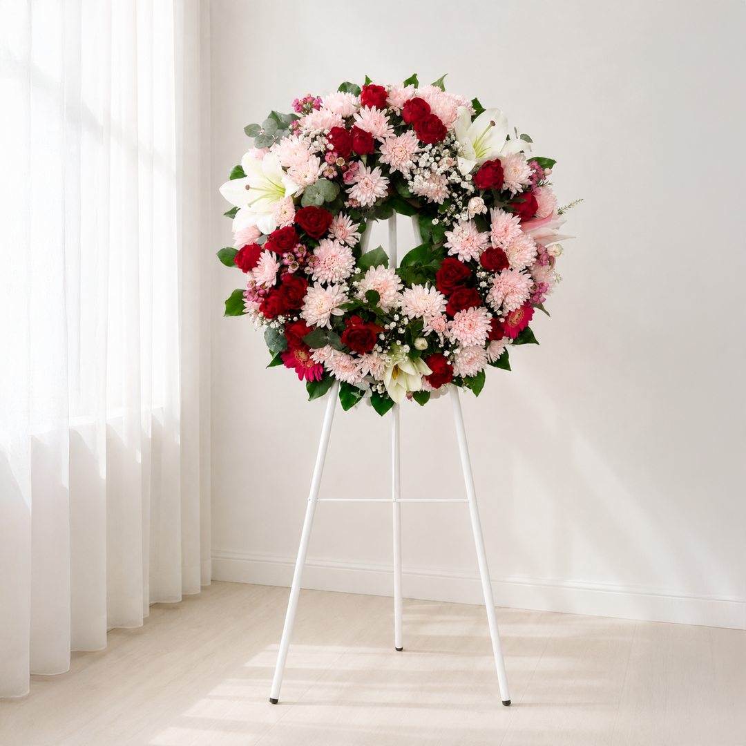 Baby Pink Tribute soft pink and white funeral wreath for memorial services Melbourne