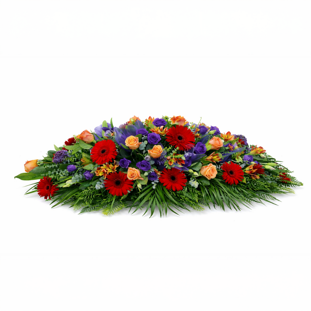 Gerbera Rose Iris Lisianthus Casket Spray.