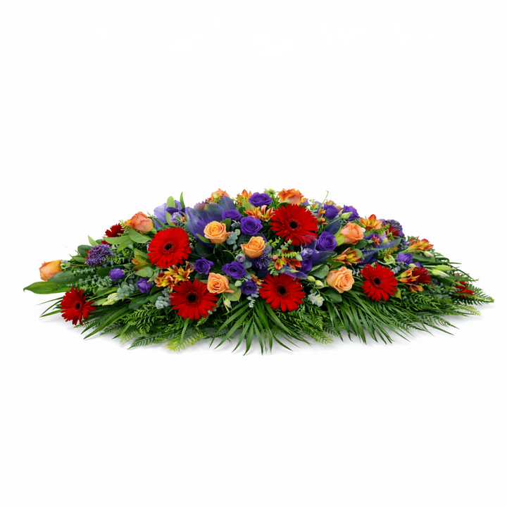 Gerbera Rose Iris Lisianthus Casket Spray.
