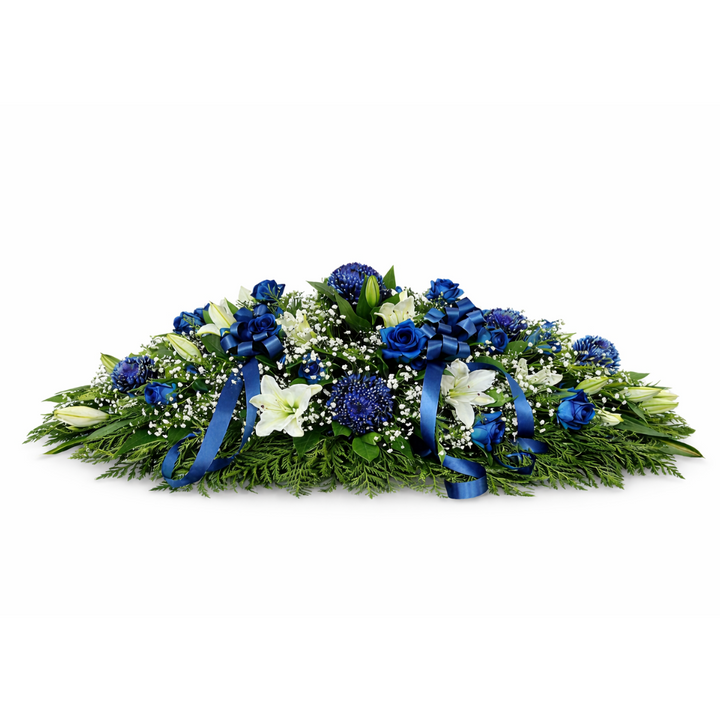 Royal Blue Rose & Lily Tribute Casket Spray| Elegant Funeral Flowers Melbourne