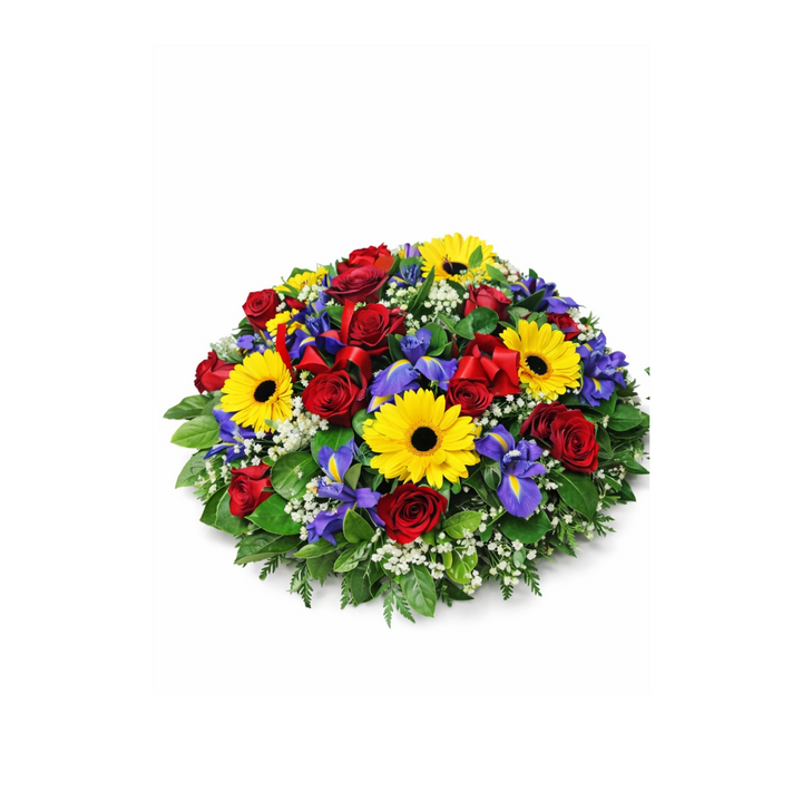 Colourful flower arrangement with red roses, yellow sunflowers, and purple flowers on a white background