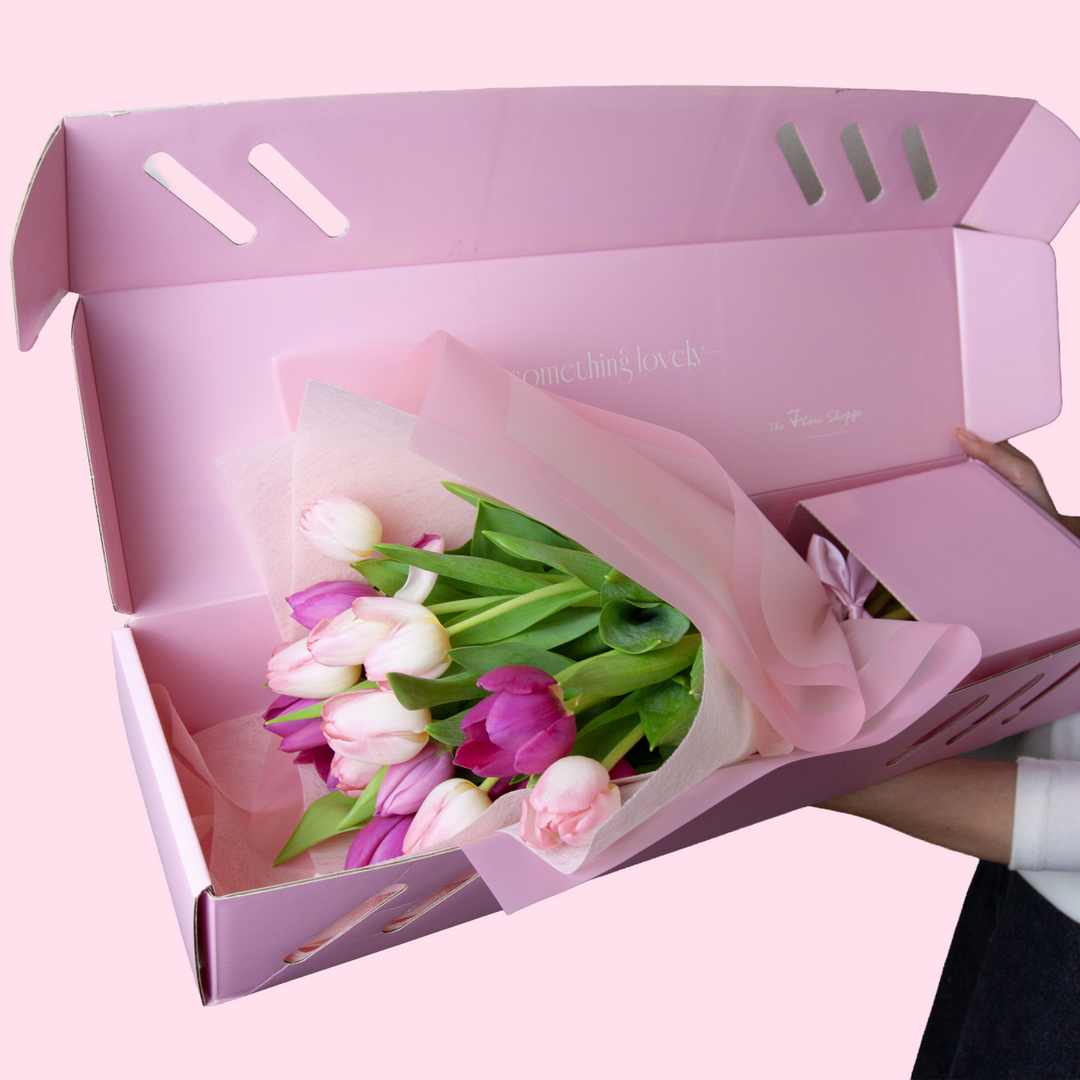 Soft mixed pink tulip bouquet in box  for Mother’s Day – Melbourne flower delivery