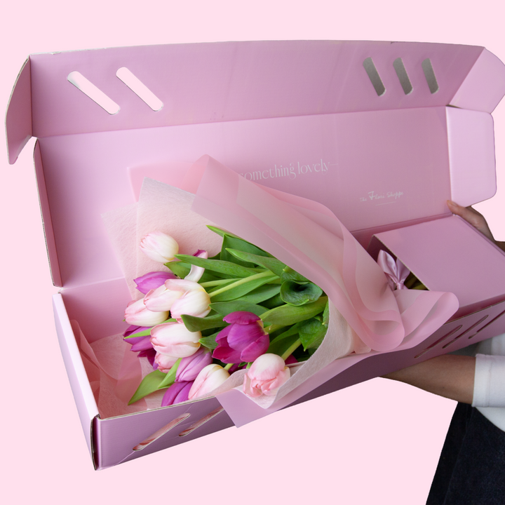 Soft mixed pink tulip bouquet in box  for Mother’s Day – Melbourne flower delivery
