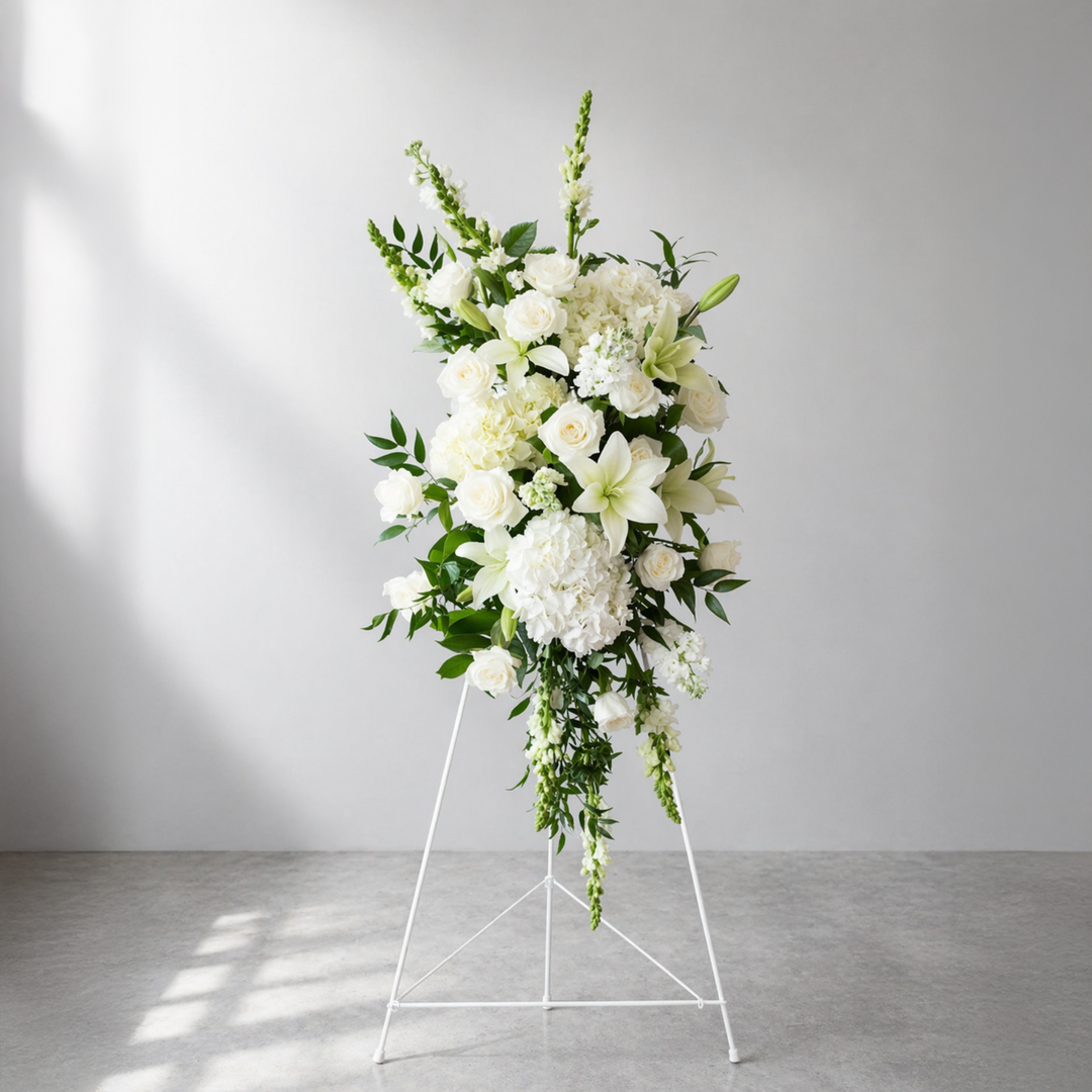 classic white standing spray funeral flowers melbourne elegant sympathy arrangement