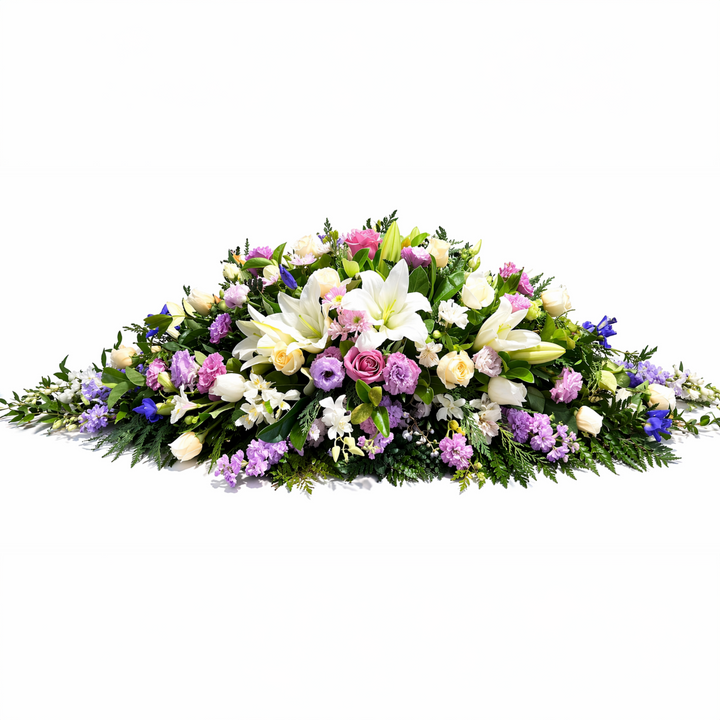 purple  blue and white casket spray 
