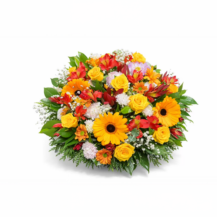 Colourful flower arrangement with yellow daisies, red and orange flowers posy pad tribute