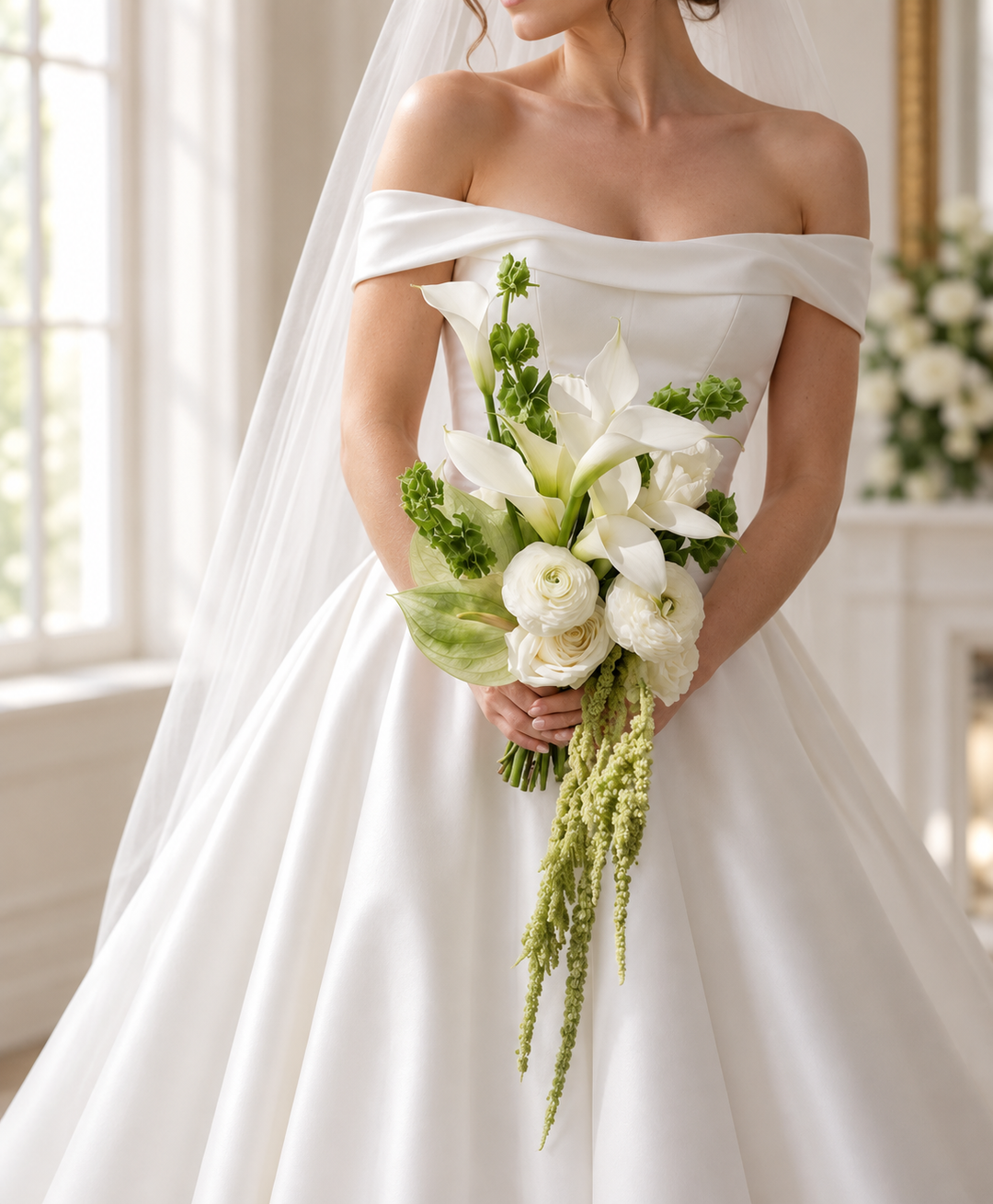 Minimal Glow white and green cascading bridal bouquet featuring calla lilies, ranunculus, green anthuriums, and flowing amaranthus held by a bride in an off-the-shoulder wedding gown.
