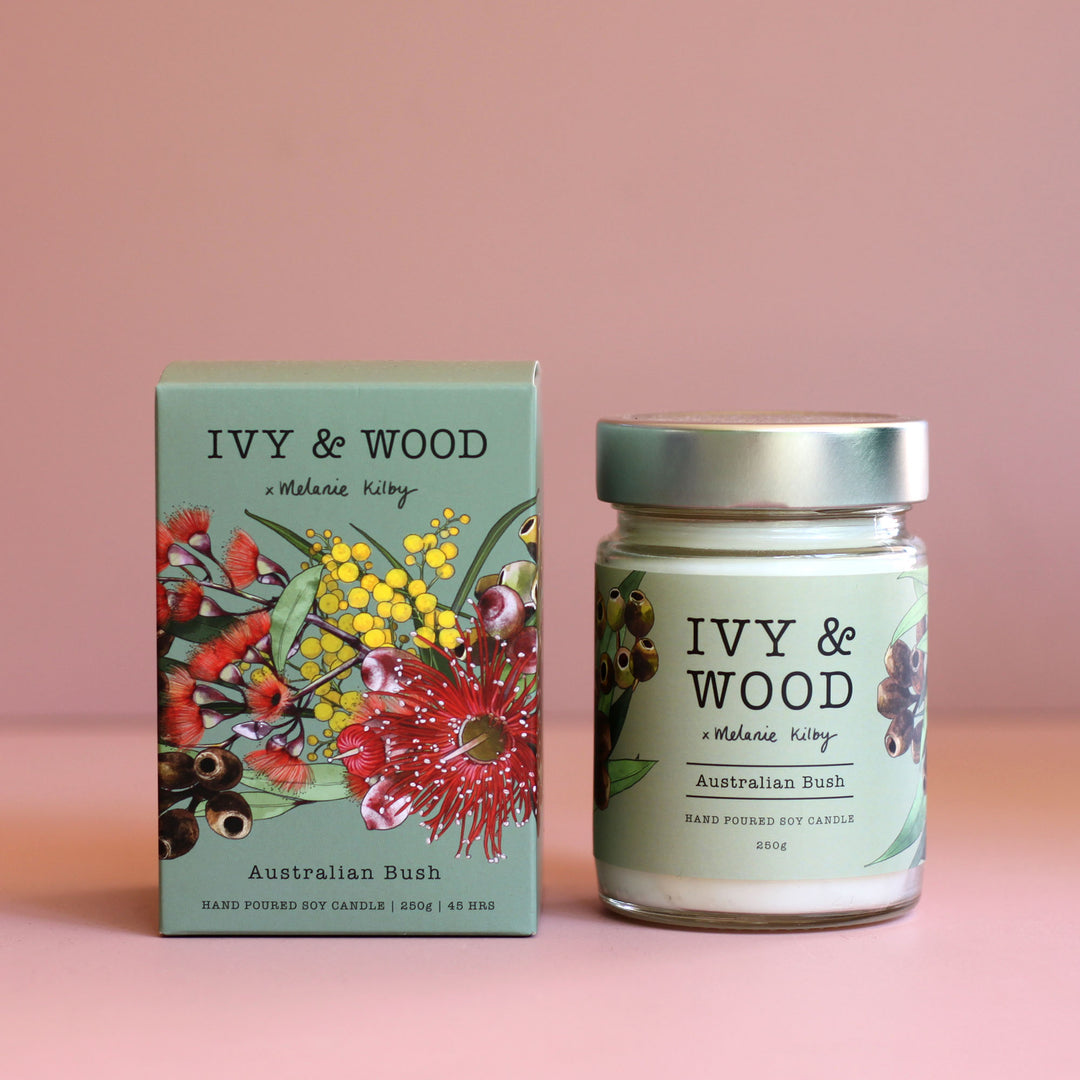 Australian soy candle with eucalyptus, lemon myrtle, pine and sandalwood fragrance by Ivy & Wood at The Flori Shoppe Melbourne.