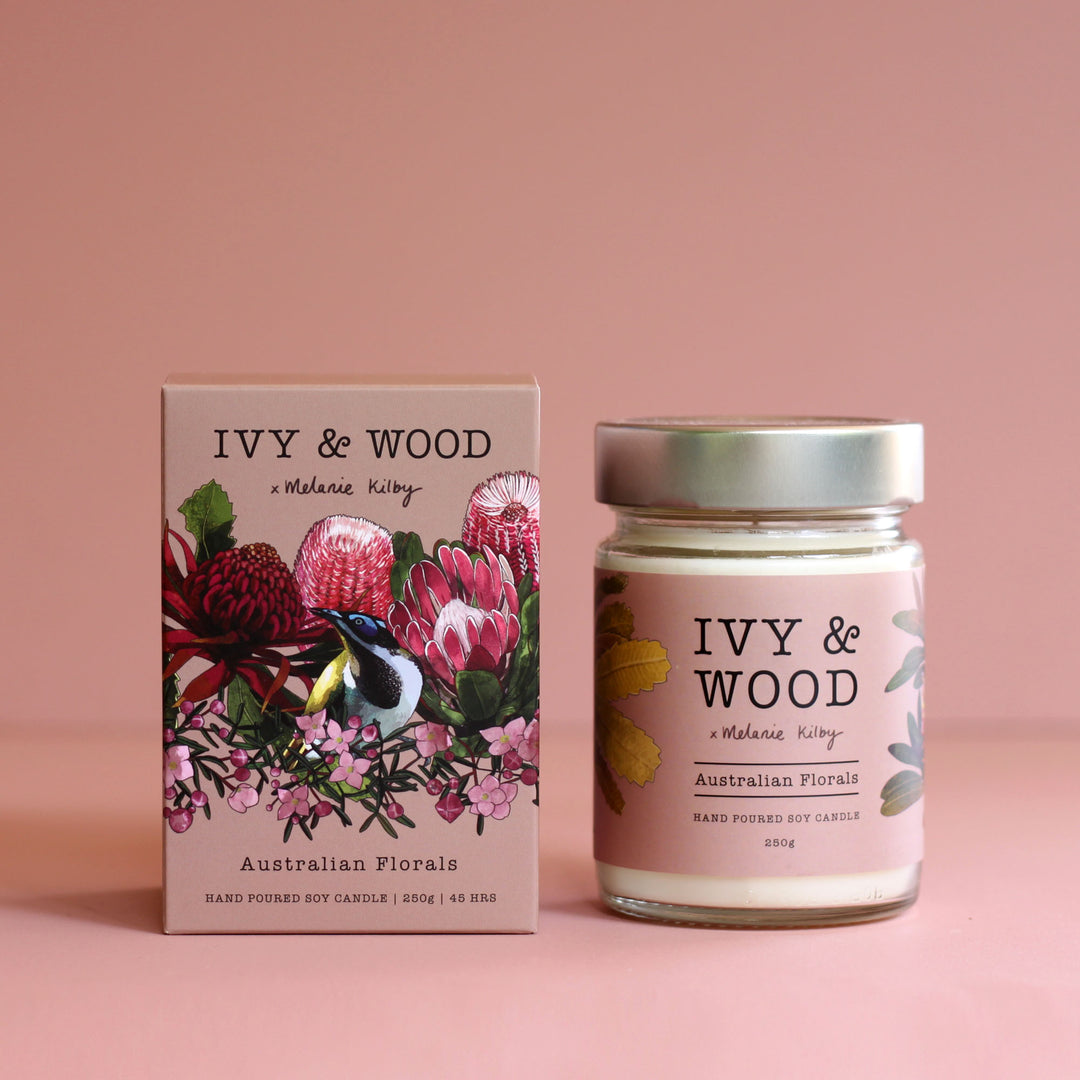 Australian floral soy candle with frangipani, banksia, boronia and sweet rose fragrance by Ivy & Wood at The Flori Shoppe Melbourne.