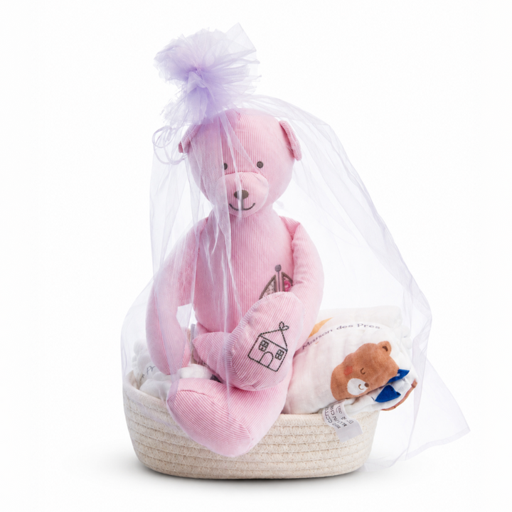 Cherie Bebe Hamper featuring Manon des Pres muslin blanket and pink plush teddy bear in a soft woven basket