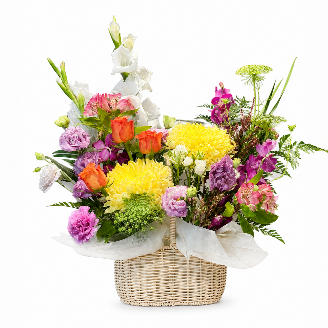 Garden Sunshine handcrafted vibrant mixed flower basket featuring yellow chrysanthemums, orange roses, and gladioli by The Flori Shoppe Melbourne.