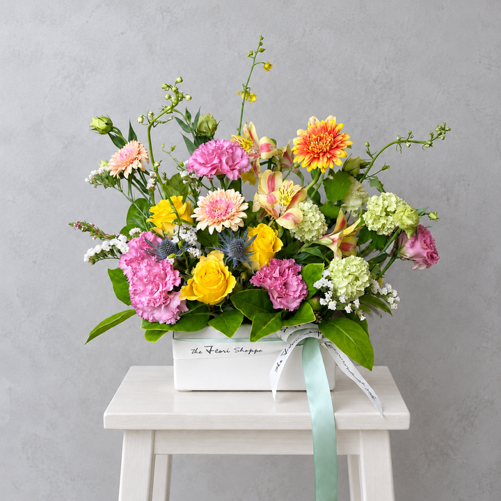 Hello Spring seasonal florist choice flower arrangement in a vase by The Flori Shoppe Melbourne