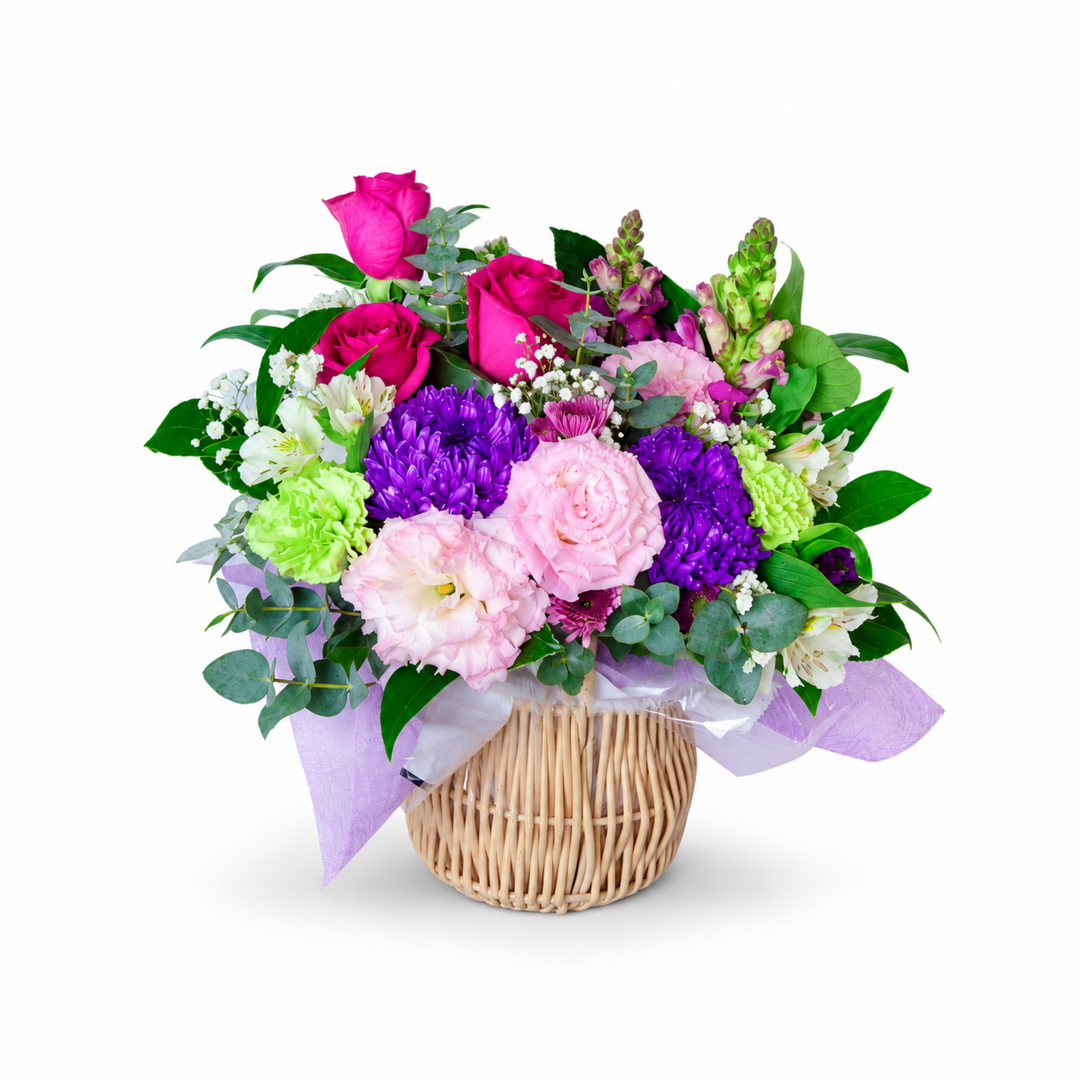 Kaleidoscope Garden colourful flower basket with pink, purple, green and white fresh flowers
