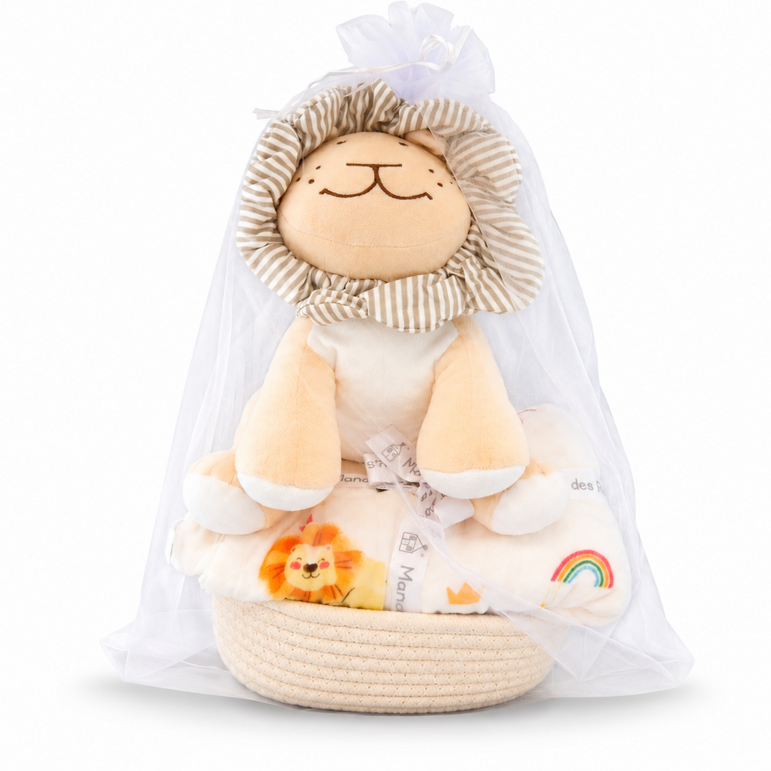 Lion Bébé Hamper with soft plush lion toy, baby blanket, and rainbow motif in a woven gift basket by Manon des Prés