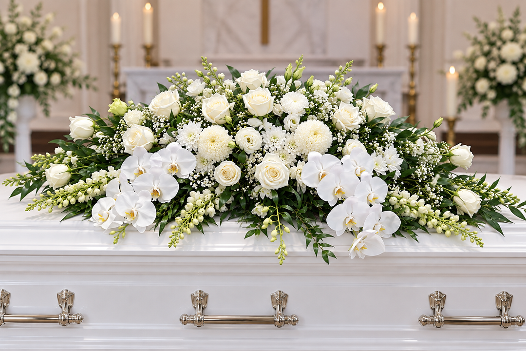 Luxury white Phalaenopsis orchid casket spray with premium white roses, oriental lilies, and native greenery for funeral flower delivery in Melbourne.
