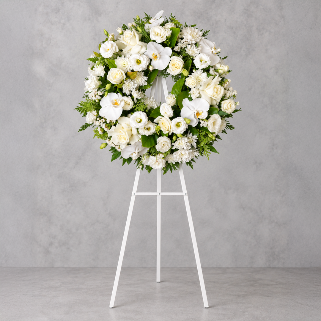 Luxury white Phalaenopsis orchid funeral wreath with roses and lisianthus on a white stand