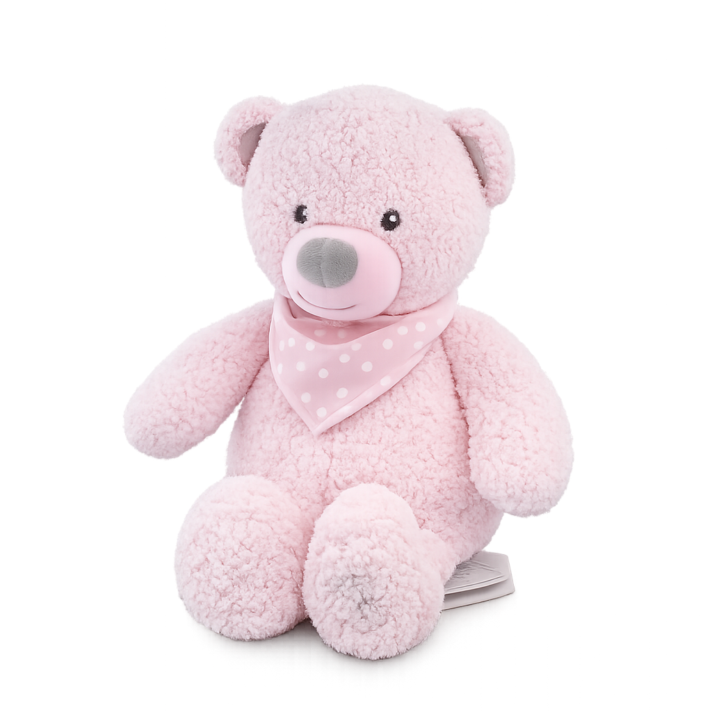 Manon Des Pres premium baby plush cuddly teddy bear in soft pink with polka dot scarf - 28cm