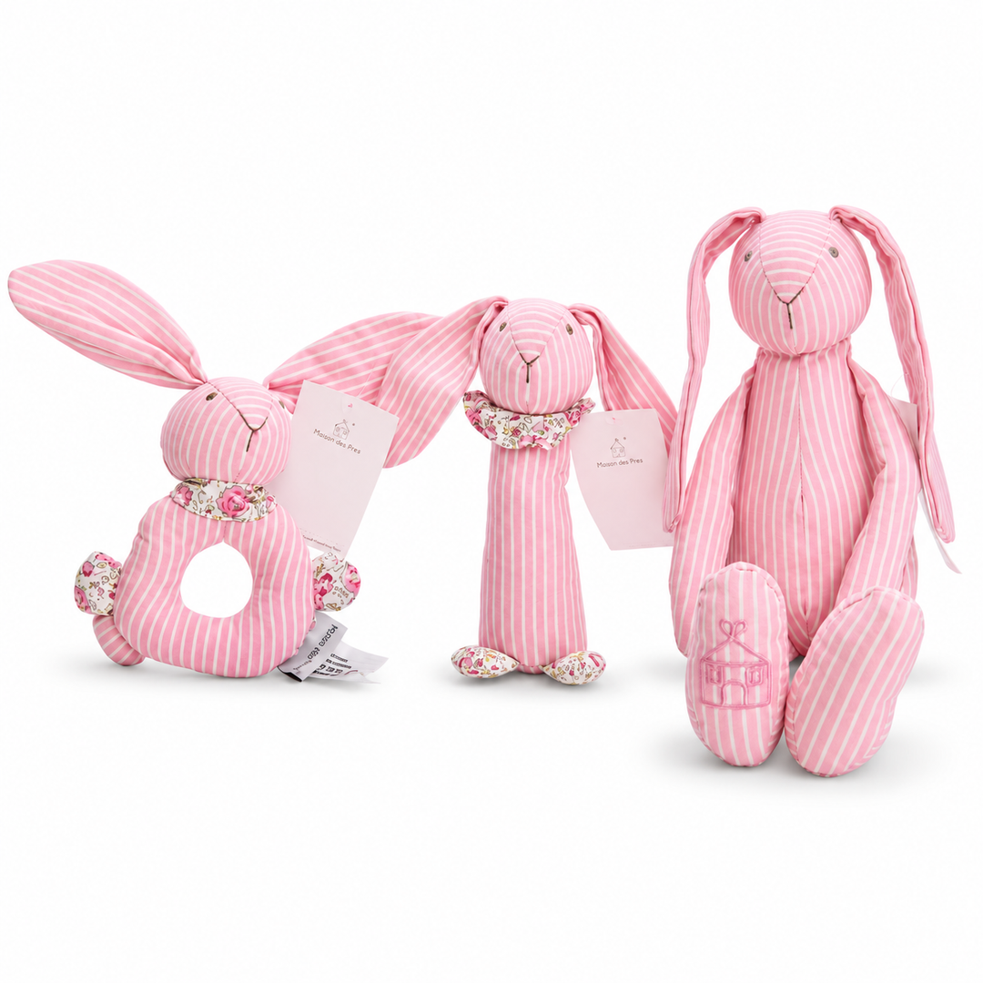 Manon Des Prés luxury pink striped plush bunny toy and baby rattle gift set by The Flori Shoppe Melbourne