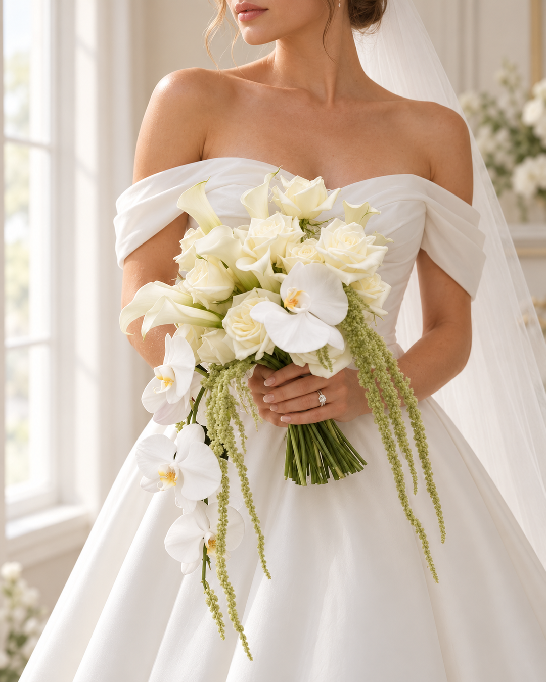 Modern white cascading bridal bouquet with Ecuadorian roses, calla lilies and orchids for Melbourne wedding