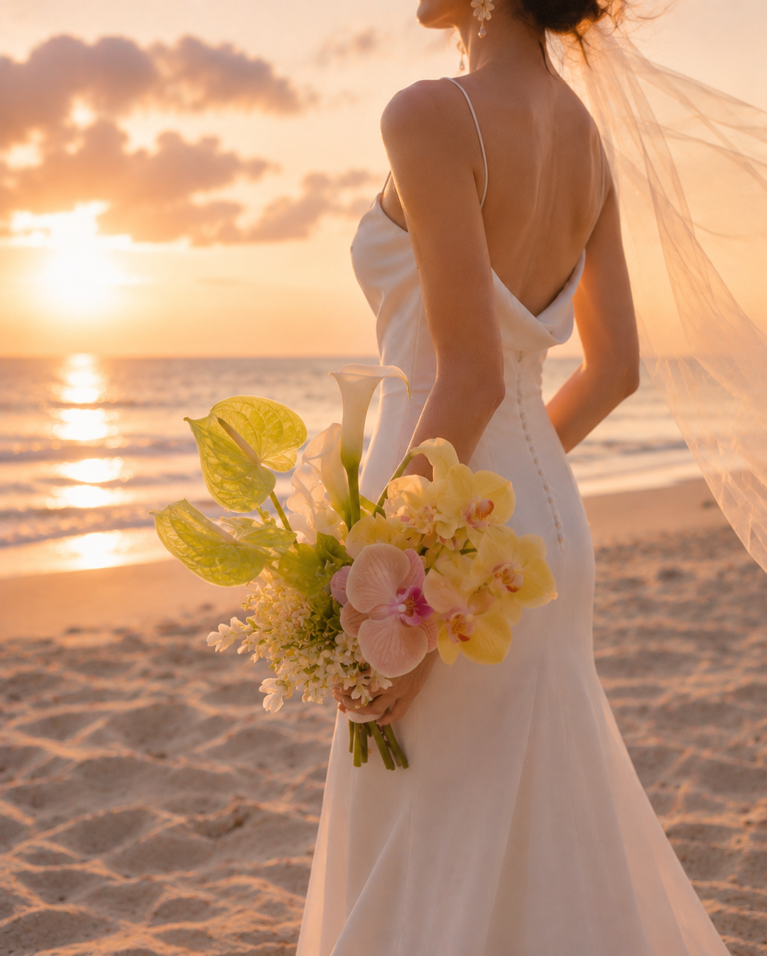 Tropical bridal bouquet featuring yellow Phalaenopsis orchids, calla lilies and pink anthuriums on a sunset beach in Melbourne