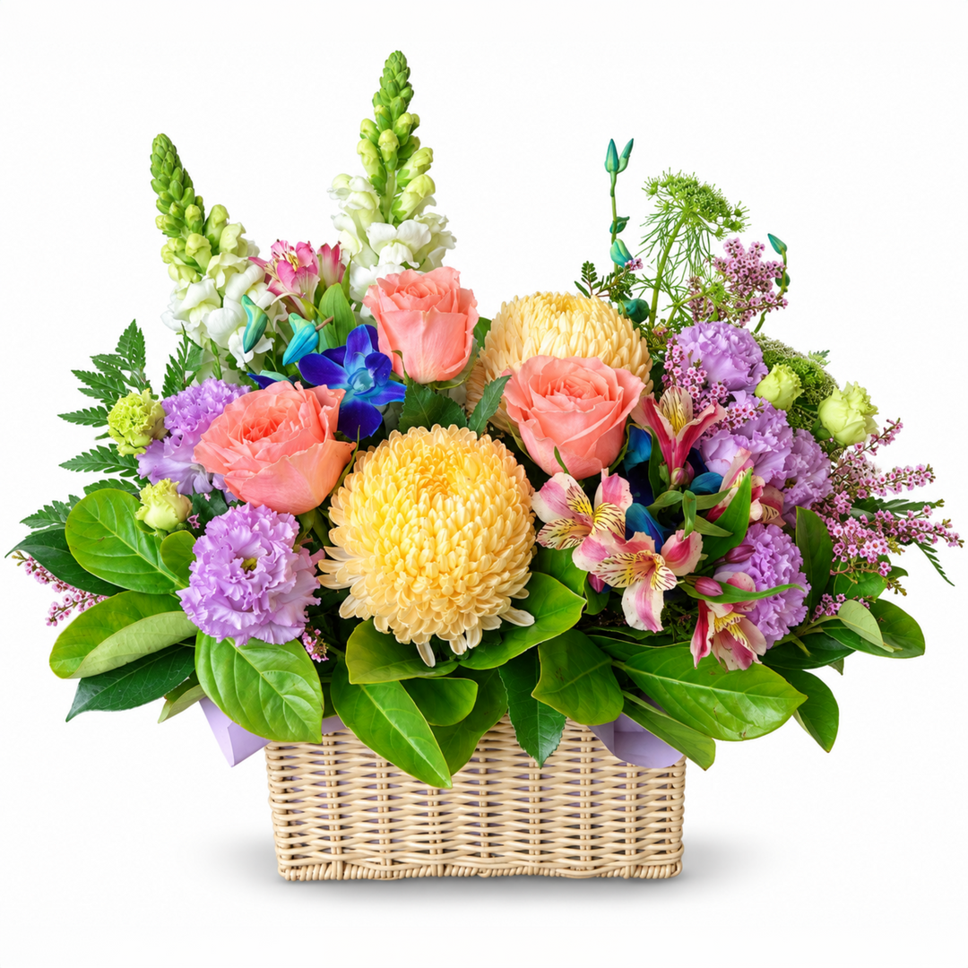 Peach Bloom flower basket arrangement with soft peach roses, lavender accents and green foliage in a natural woven basket