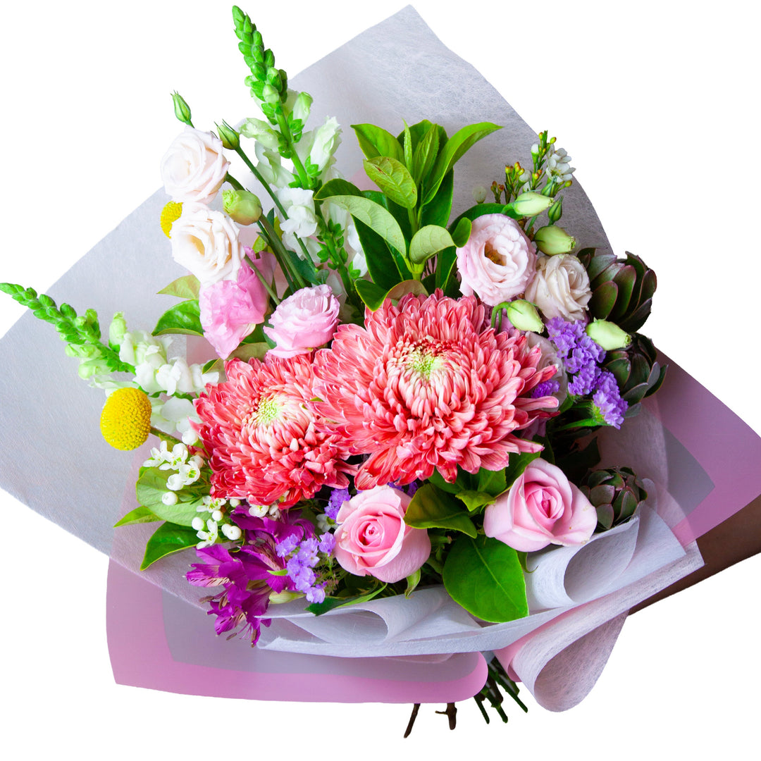 Pink Crush handcrafted pink rose and mixed floral bouquet wrapped in blush pink paper by The Flori Shoppe Melbourne.