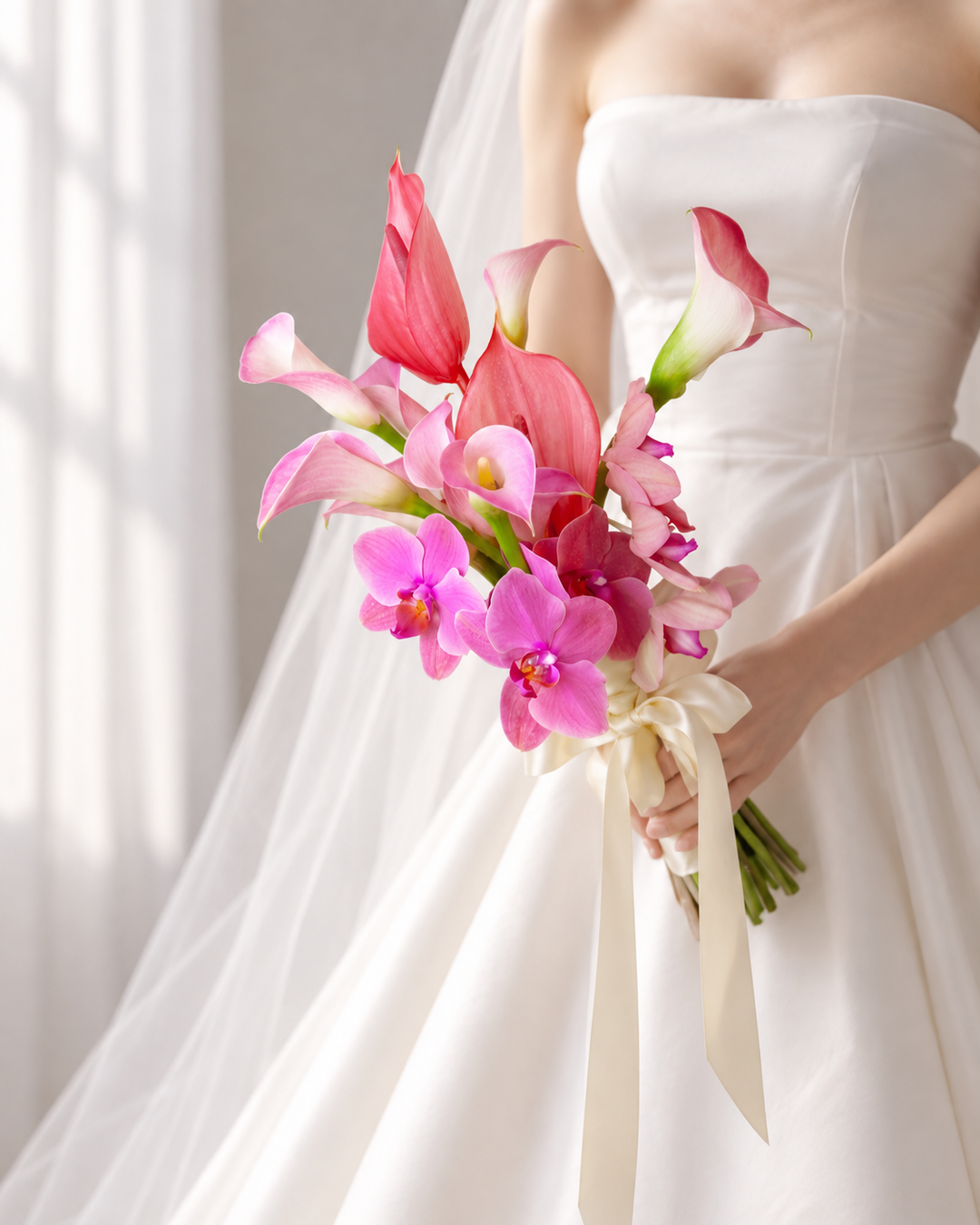 Cascading pink Phalaenopsis orchids and pink Ecuadorian roses bridal bouquet held by bride