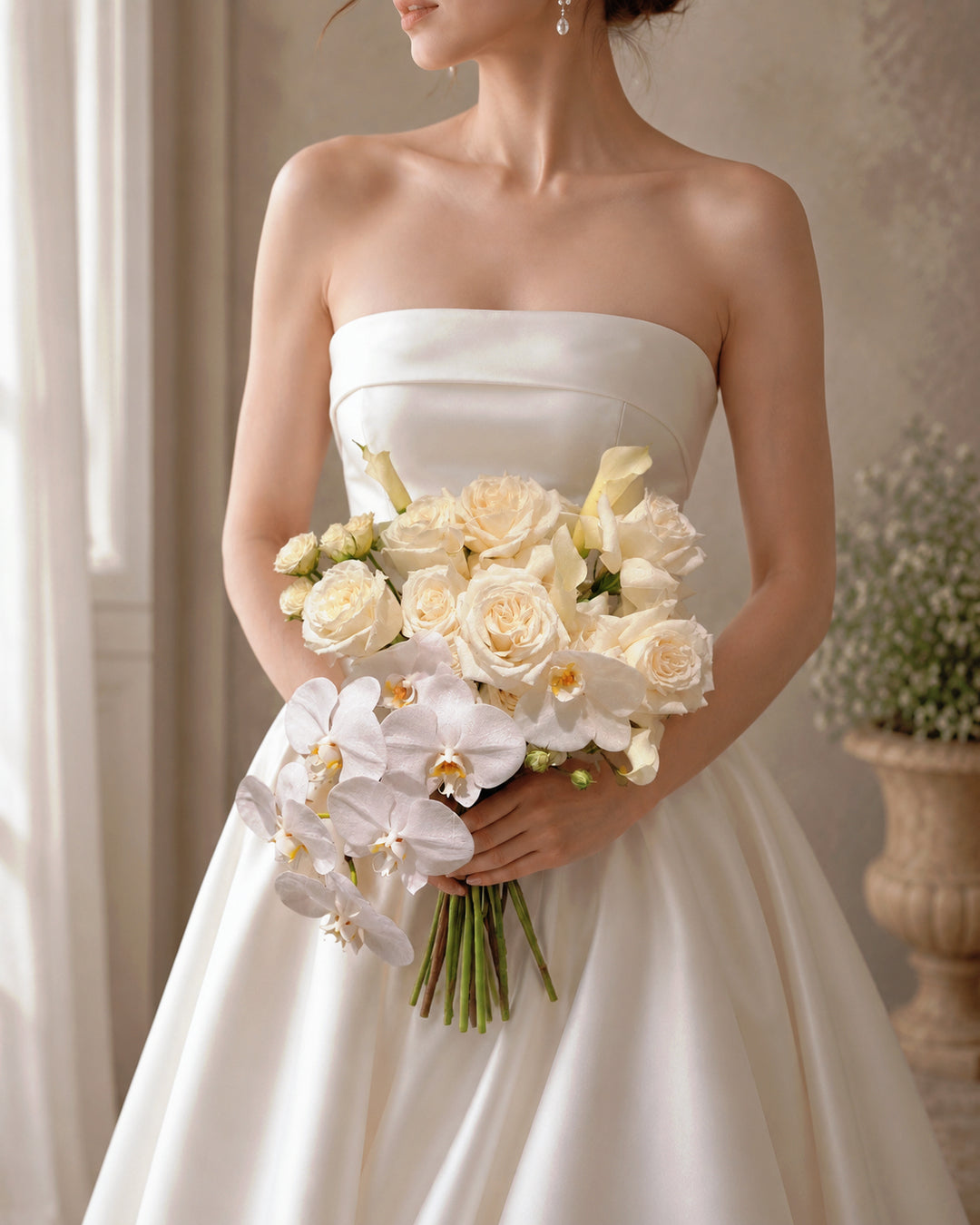Pure white cascading bridal bouquet with Ecuadorian roses, calla lilies, and Phalaenopsis orchids for Melbourne weddings