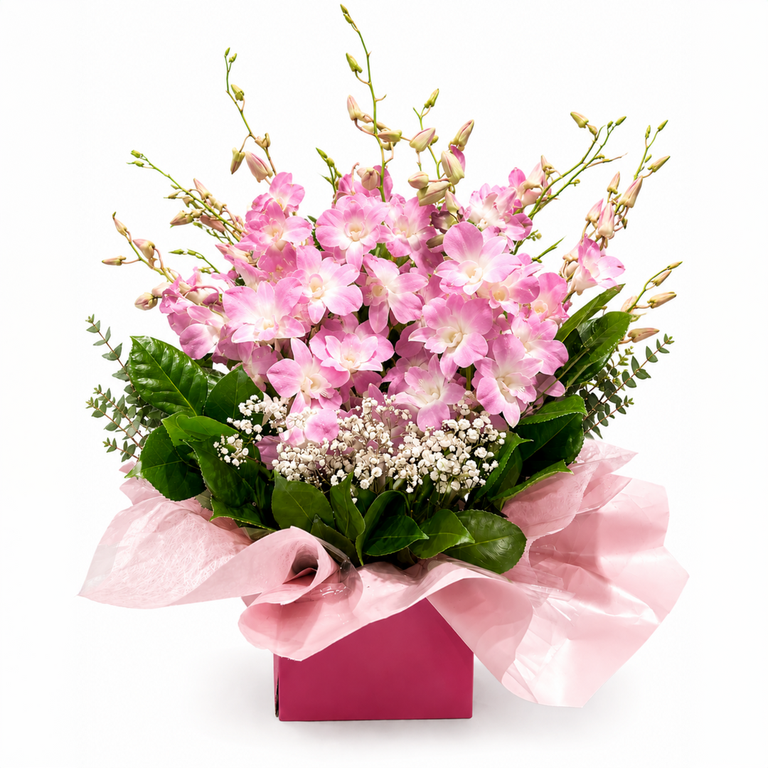 Soft Blush Orchid Box Arrangement with fresh pink orchids, foliage, and white gift box