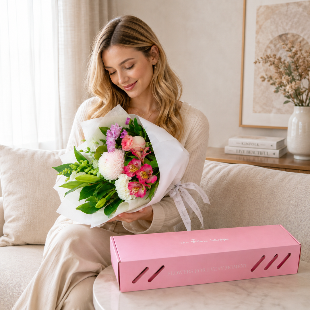 The Flori Box Blush featuring a fresh seasonal petite bouquet nestled inside a signature pink gift box by The Flori Shoppe